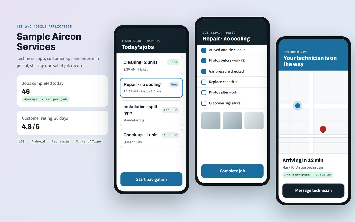 Sample technician and customer apps for a fictional aircon service company.